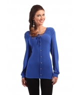 женская блузка больших размеров синего цвета с длинным рукавом и планкой на пуговицах