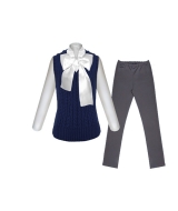 Комплект из синей жилетки, серых брюк и блузки с длинным рукавом и атласным  бантом