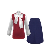 Комплект из бордовой жилетки, синей юбки и белой блузки с атласным бантом