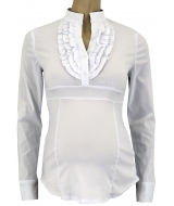 Белая блузка с длинным рукавом и воланами вдоль застежки