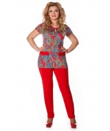 Блузка с коротким рукавом красная с растительным узором и вырезом "капелька"