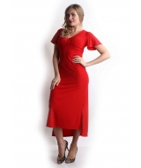 Платье красное с v-образным вырезом и короткими широкими рукавами
