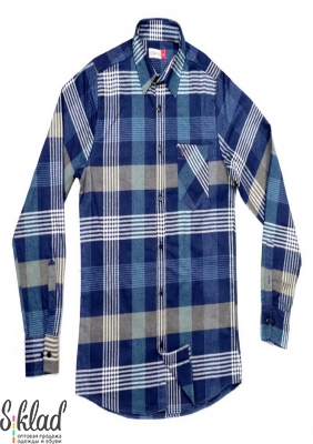 Рубашка с длинными рукавами сине-бело-серая в клетку с карманом
