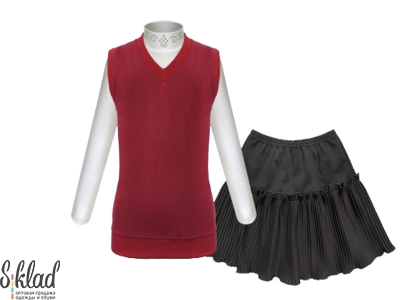 Комплект из бордовой жилетки, чёрной юбки и белой блузка с воротником стоечкой